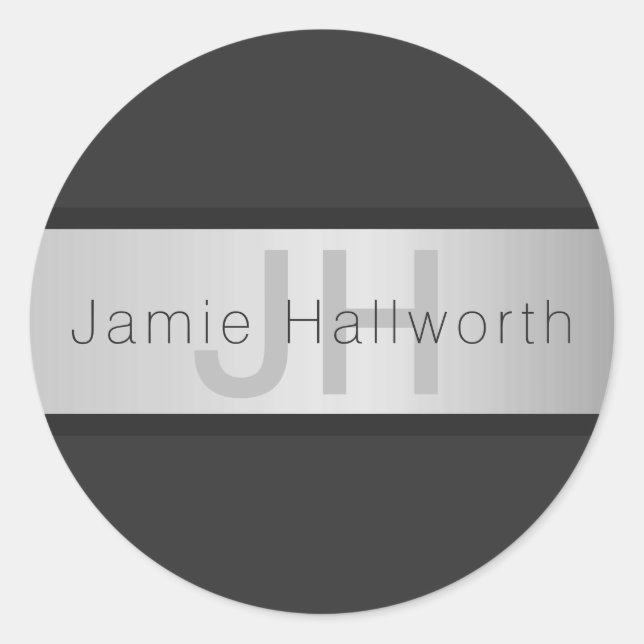 Name und Monogramm | Grays & Imitate Silver Look Runder Aufkleber (Vorderseite)