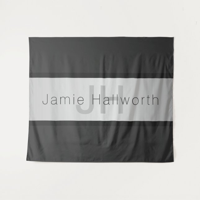 Name und Monogramm | Grays & Imitate Silver Look Wandteppich (Vorderseite (Horizontal))