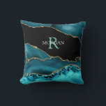 Name und Monogramm lt Aquamarin, weiß, Aquamarin,  Kissen<br><div class="desc">Personalisieren Sie dieses stilvolle und trendige Aquamarin-,  Gold- und Black-Agate-Design mit Ihrem Namen und Monogramm in Aquamarinem und weißem Text.</div>