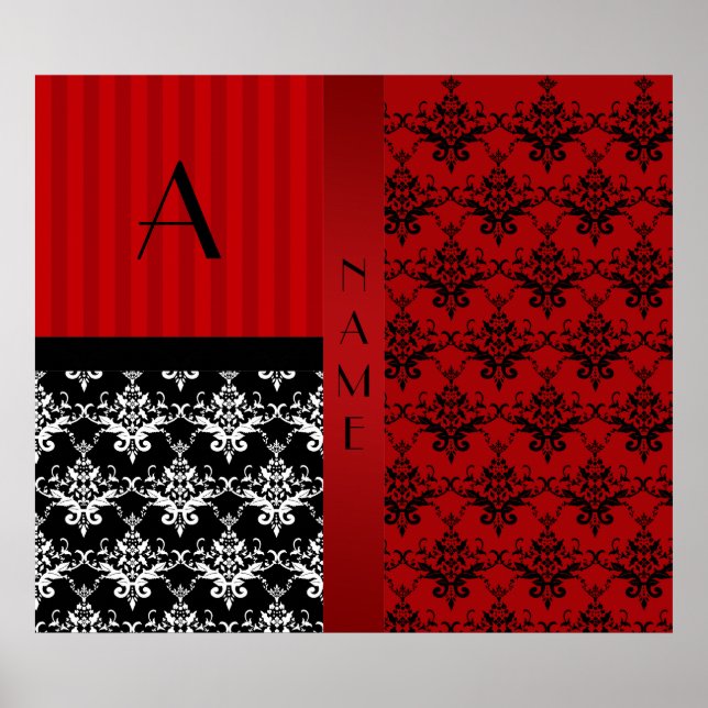 Name und monogramm rote Damaststreifen Poster (Vorne)