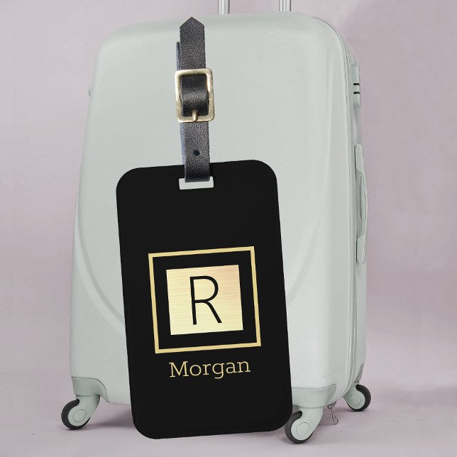 Name und Monogramm, Schwarz & Gold Box Gepäckanhänger (Von Creator hochgeladen)