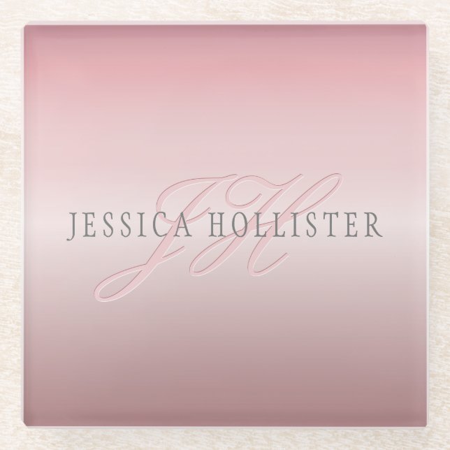 Name und Monogramm | Soft IMITATE Rose Gold Blush Glasuntersetzer (Vorderseite)