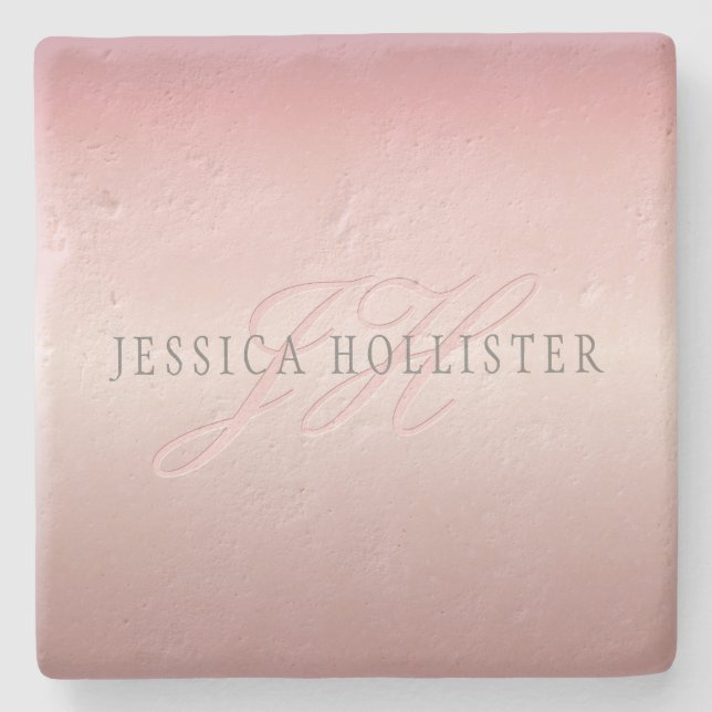 Name und Monogramm | Soft IMITATE Rose Gold Blush Steinuntersetzer (Vorderseite)