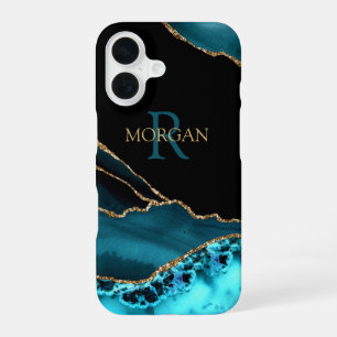 Name und Monogramm Teal Schwarz Achat, Gold DkTeal iPhone 16 Hülle
