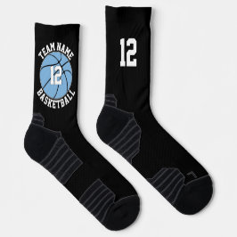 Name und Nummer des hellblauen Basketball-Spielert Socken