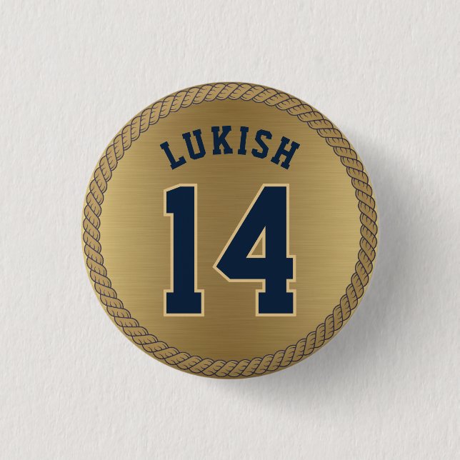 Name und Nummer Navy Blue und Gold Veteran Button (Vorderseite)