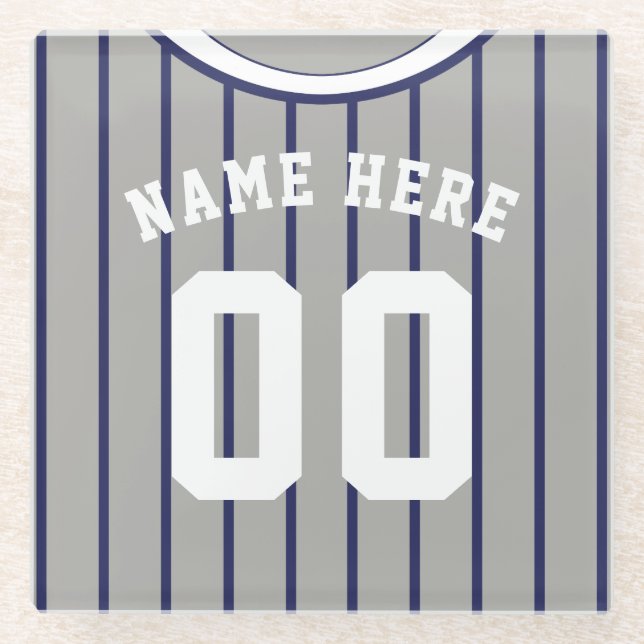 Name und Nummer Navy Pinstripe Baseball Glasuntersetzer (Vorderseite)