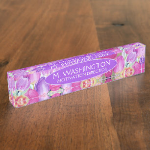 NAME und TITEL Pink Floral Watercolor Tulpe Namensplakette