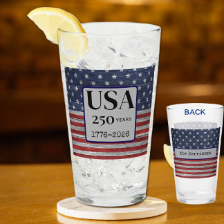 Name USA 250 Jahre 1776-2026 Rot Blau Sterne Pint Glas