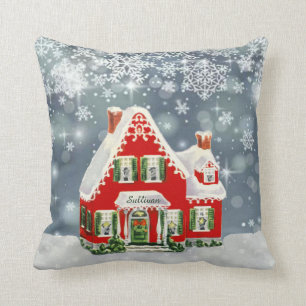 Name-Vintages rotes Feiertags-Haus u. Schnee 16" Kissen