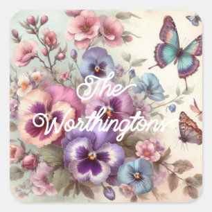 Name Wasserfarbe Vintage Stiefmütterchen Blume Pas Quadratischer Aufkleber
