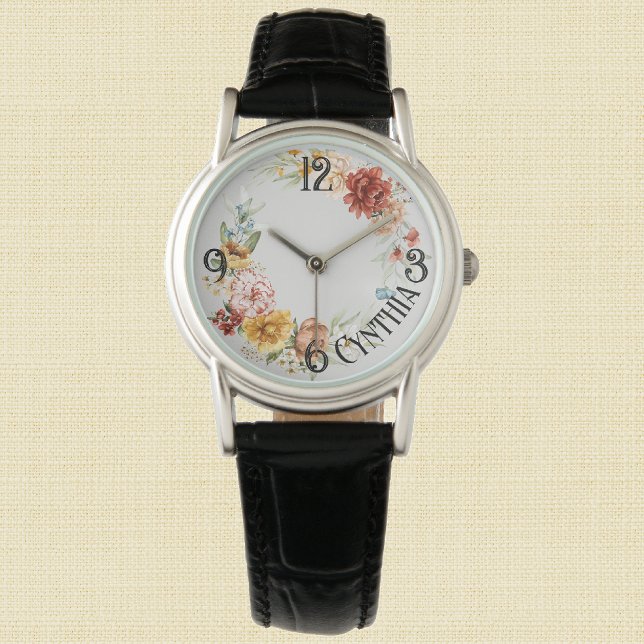 Name: Watercolor Dutch Florals Black Leather Watch Armbanduhr (Von Creator hochgeladen)