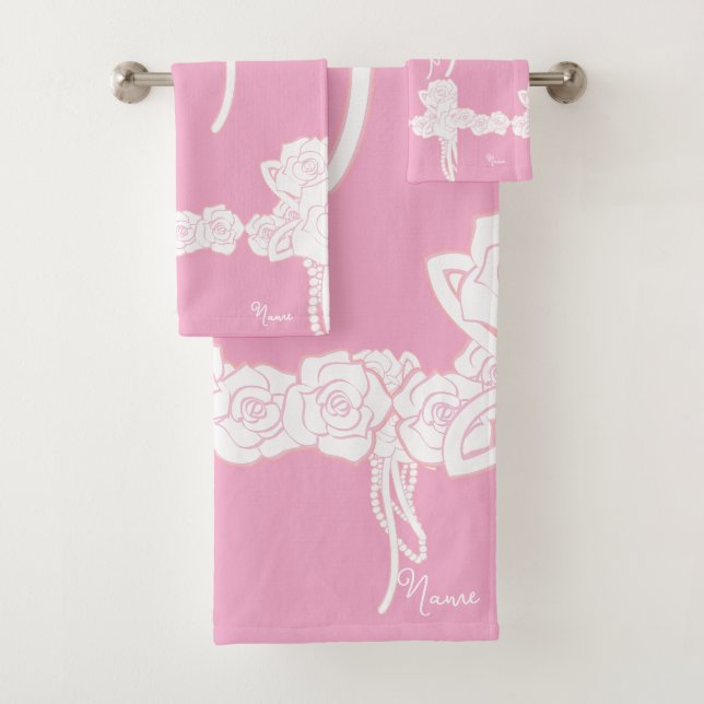 Name Weiße Rosen Rosa Geschenk  Badhandtuch Set (Insitu)
