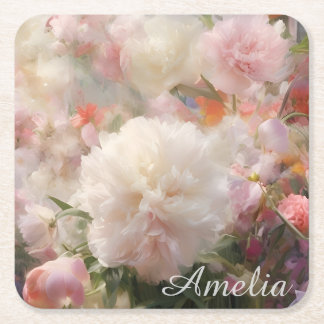 Name Weiße und Rosa Pfingstrosen Aquarellmalerei Rechteckiger Pappuntersetzer