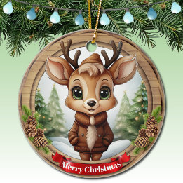 Name Whimsical Reindeer Rustic Holiday Tree 🦌🎄 Keramik Ornament