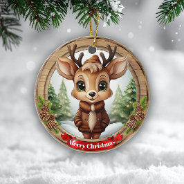 Name Whimsical Reindeer Rustic Holiday Tree 🦌🎄 Keramik Ornament