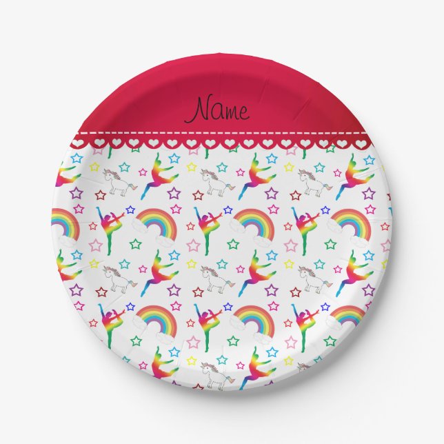 Name White Gymnastics Regenbows unicorns Pappteller (Vorderseite)