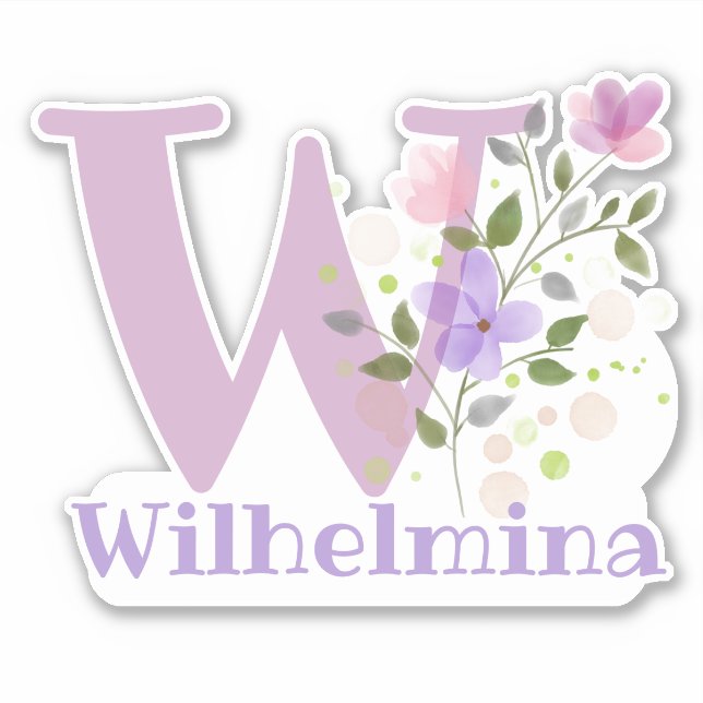 Name Wilhelmina & Initial mit Blumendesign Aufkleber (Vorderseite)