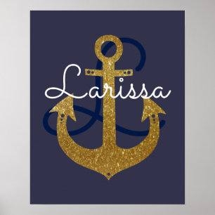 name with initial, nautical golden anchor, girly poster