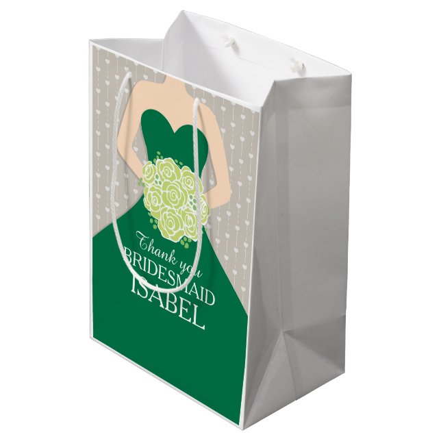 Namehochzeitsbrautjungferngrün-Kleidertasche Mittlere Geschenktüte (Rückseite Schrägansicht)