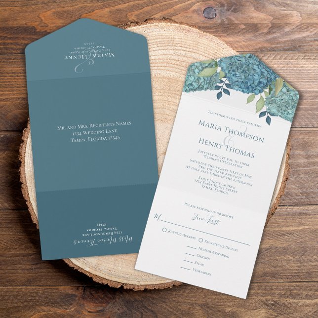 Namen der Empfänger von Floral Blue Hydrangea All In One Einladung (Classic Blue Hydrangea meal choice tri fold invitation)