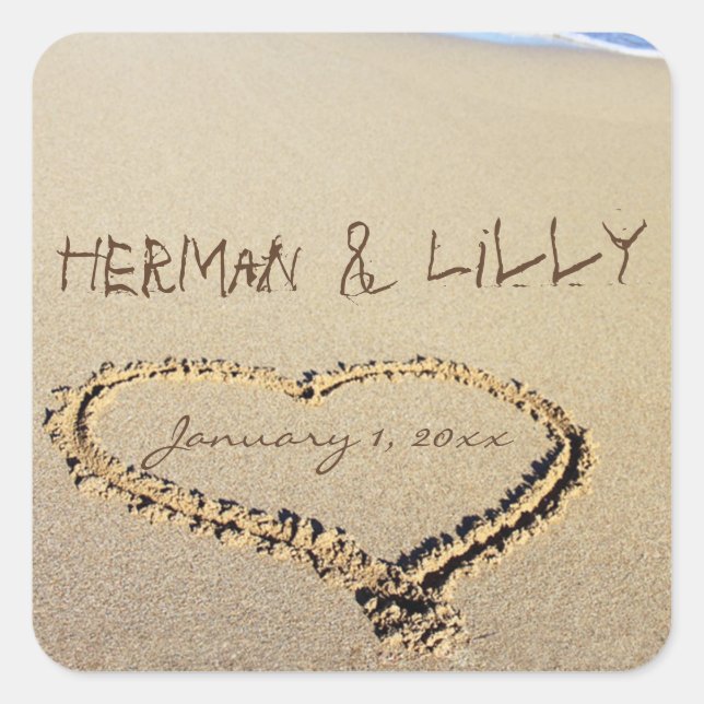Namen der Personalisierten Hochzeit im Sand Quadratischer Aufkleber (Vorderseite)