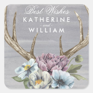 Namen hinzufügen   Floral Deer Antlers Quadratischer Aufkleber