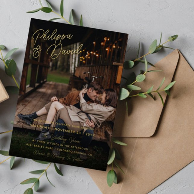 Namen in Gold Foil Script Foto Hochzeit Folieneinladung (Von Creator hochgeladen)