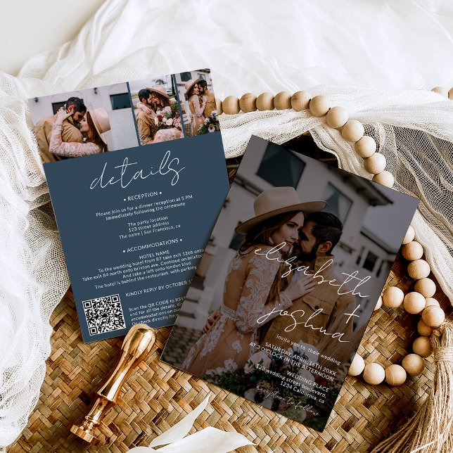 Namen kalligrafisch blau 4 Foto alle in einer Hoch Einladung (Names calligraphy dusty blue  4 photos all in one wedding invitation)