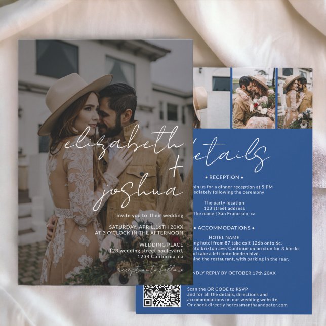 Namen kalligrafisch blau 4 Foto alle in einer Hoch Einladung (Names calligraphy blue 4 photo all in one wedding invitation)