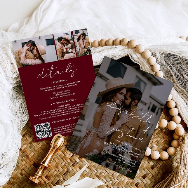 Namen Kalligraphie rot 4 Foto alle in einer Hochze Einladung (Names calligraphy red burgundy  4 photos all in one wedding invitation)