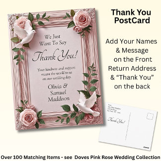 Namen & Nachricht auf rosa Rosen & Tauben Hochzeit Postkarte