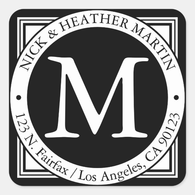 Namen, Name, Anfangs und Rücksendeadresse | b&w Quadratischer Aufkleber (Vorderseite)
