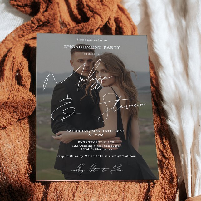 Namen Skriptkalligrafie, Foto für weiße Verlobung Einladung (Names script calligraphy white engagement photo invitation)
