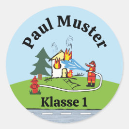 Namensaufkleber - Feuerwehr brennendes Haus - Tag  Runder Aufkleber