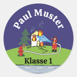 Namensaufkleber - Feuerwehr löscht Brand - Nacht Runder Aufkleber