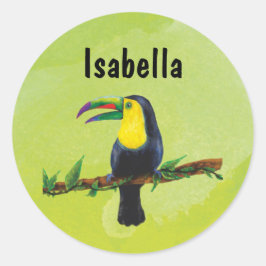 Namensaufkleber grün - Tucan Aquarell-Design Runder Aufkleber