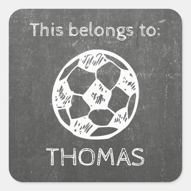 Namensaufkleber - Kreide Fußball - Tafeldesign Quadratischer Aufkleber (Vorderseite)
