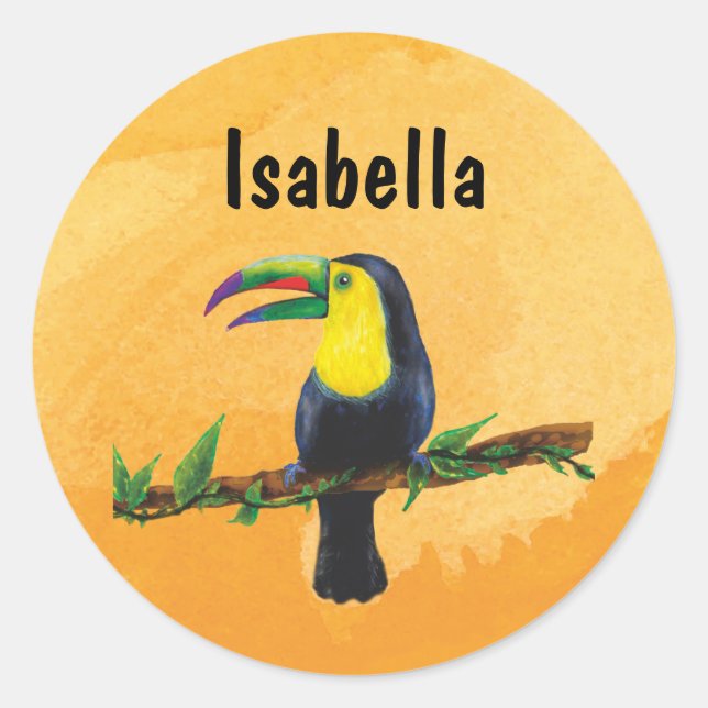 Namensaufkleber orange - Tucan Aquarell-Design  Runder Aufkleber (Vorderseite)