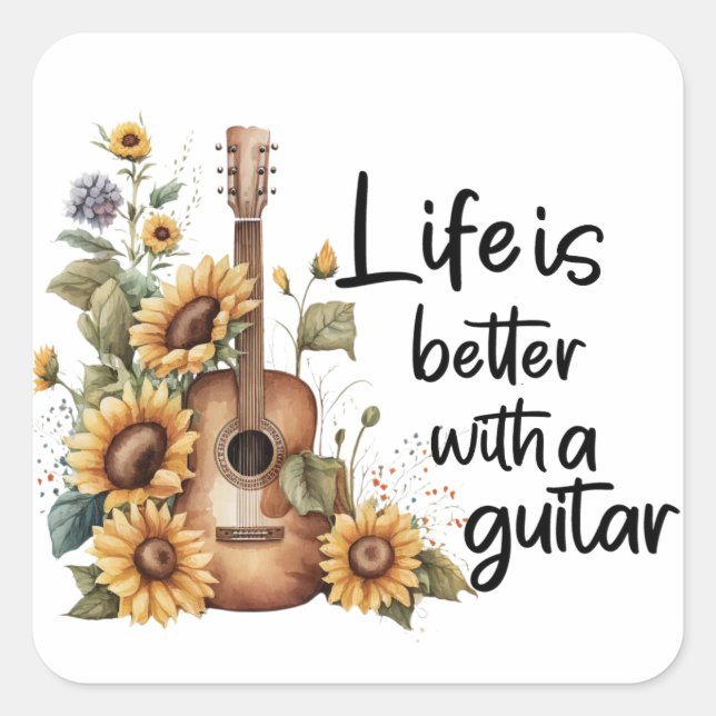 Namensgitarre mit Sonnenblume anpassen Quadratischer Aufkleber (Vorderseite)