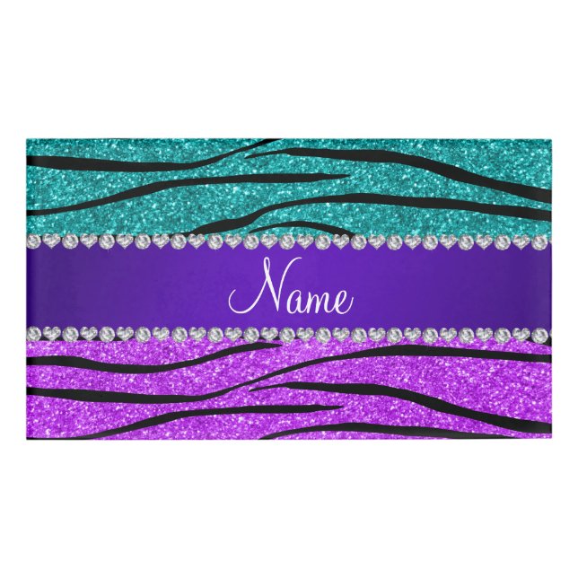 Namenslila Türkis-Glitter Zebraneonstreifen Namenschild (Vorderseite)