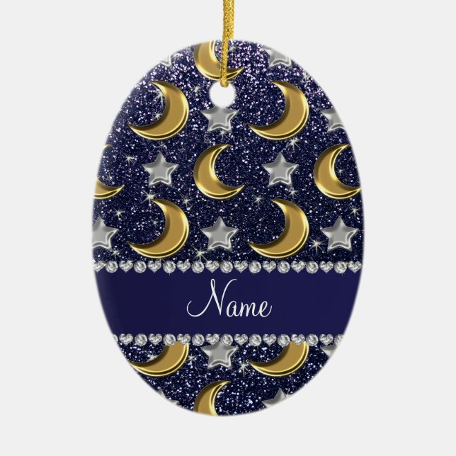 Namensmarineblau-Glittergold moons silberne Sterne Keramikornament (Vorne)