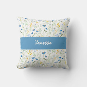Namensmonogramm Blaue Aquarell-Wildblume Kissen