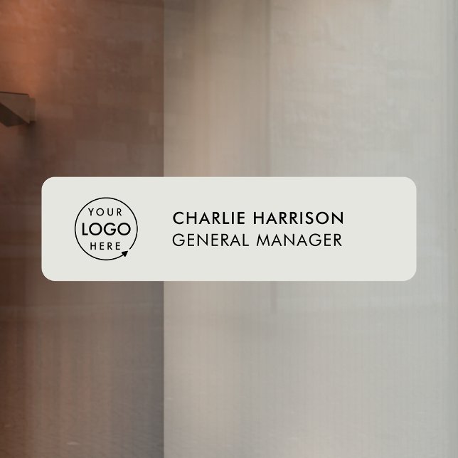 Namensplakette | Berufliches Firmenlogo Grau Fensteraufkleber (Minimal branded nameplate window cling signs for small business employee & office signage.)