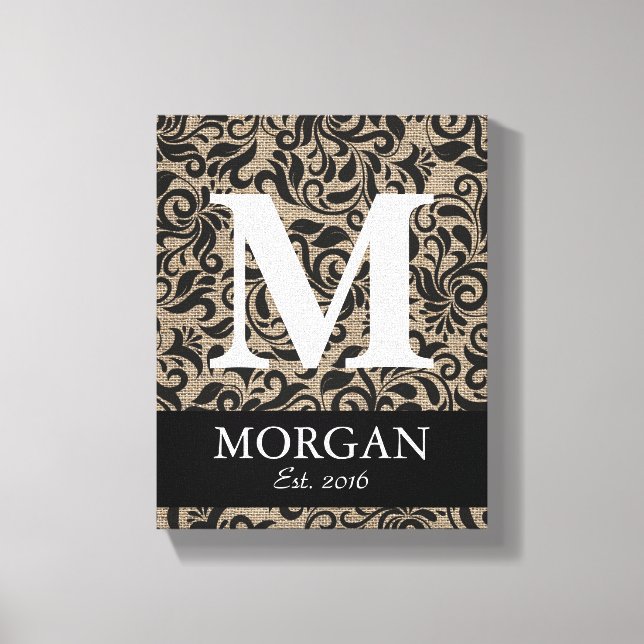 Namensschild für die Rustikale Monogram Damask Bur Leinwanddruck (Vorderseite)
