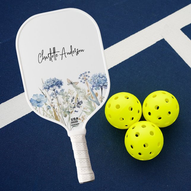 Namensskript für blaue Wildblumen Pickleball Schläger (Von Creator hochgeladen)