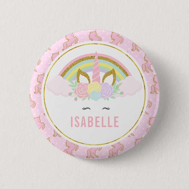 Namensumbau-Regenbogenunicorn-Party-Button Button (Vorderseite)