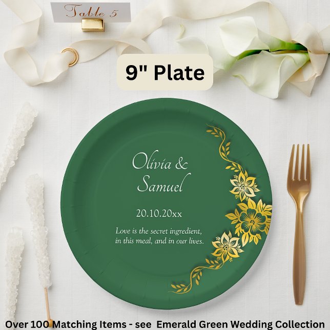 Names Date Message Emerald Green & Gold 9" Pappteller (Von Creator hochgeladen)