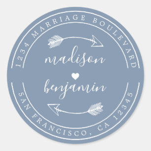 Names Heart Arrow Blue Wedding Rücksendeadresse Runder Aufkleber