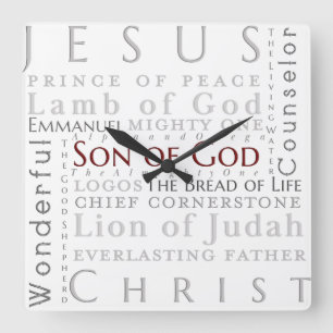 Names of Jesus Typography Clock Quadratische Wanduhr